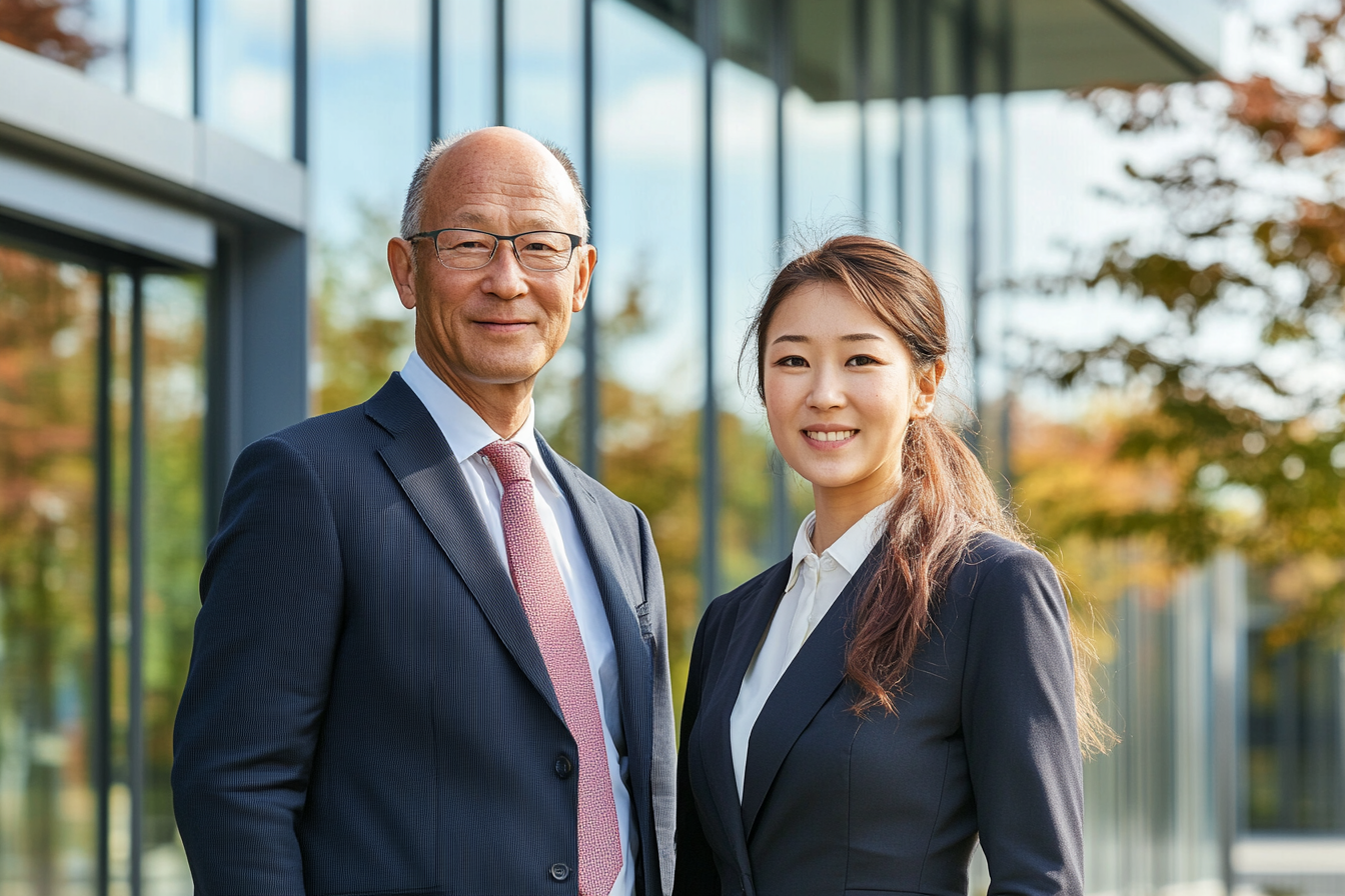 Japanese professionals standing outside modern company building