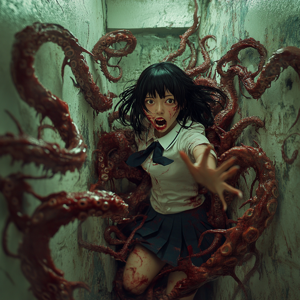 Japanese schoolgirl with tentacles and sharp teeth emerges