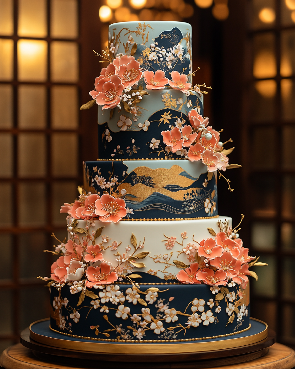 Japanese-themed wedding cake with Kimono design