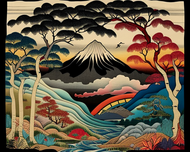 Japanese wilderness tapestry with mountains and forests, ukiyo-e style