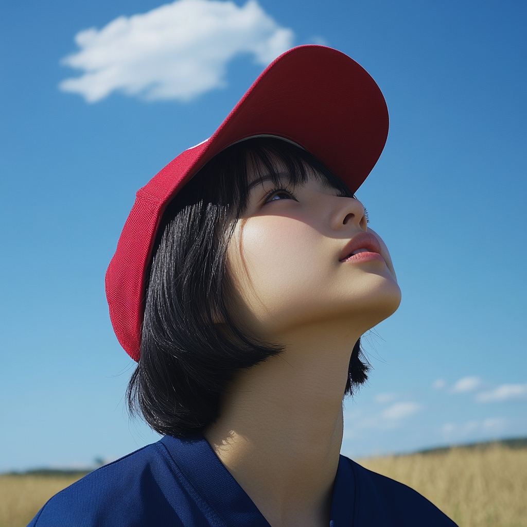 Japanese woman gazes at sky in countryside.