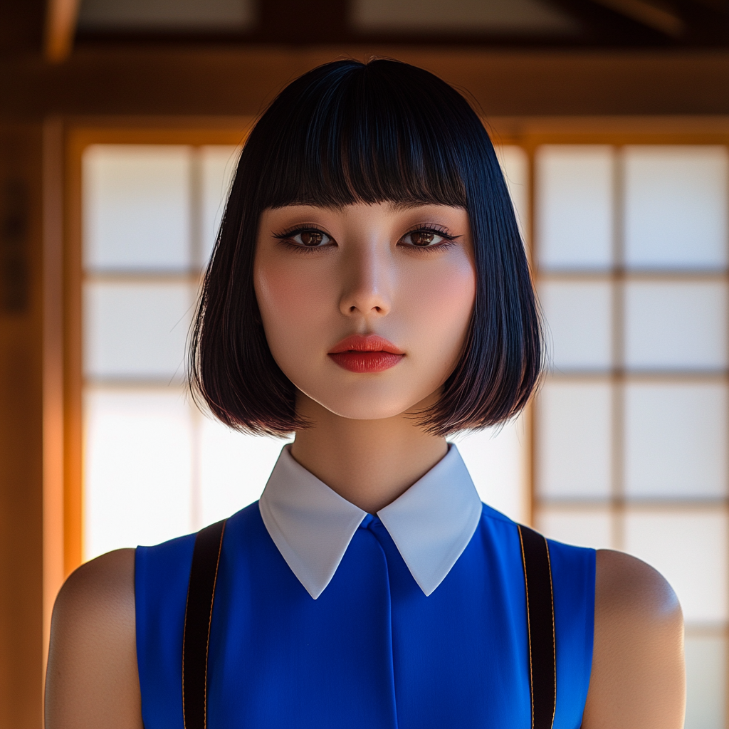 Japanese woman in bright blue dress in sunlight