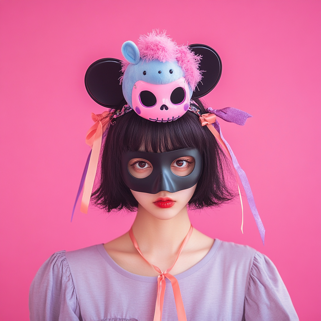 Japanese woman in cute black skull mask pose