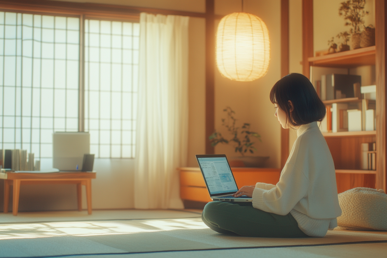 photo of Japanese woman managing finances on laptop in cozy room