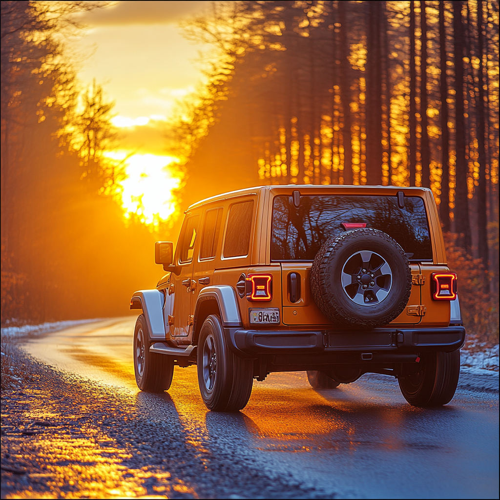 Jeep Wrangler driving into beautiful sunset