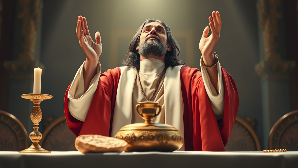 Jesus Celebrating Holy Mass with Bread and Chalice