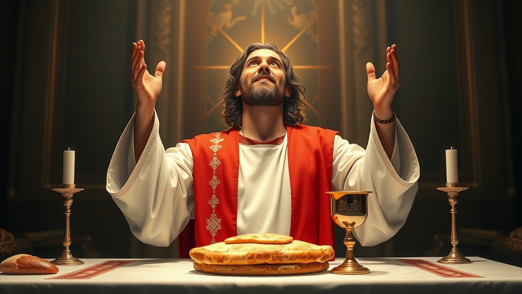 Jesus Celebrating Holy Mass with Bread and Chalice