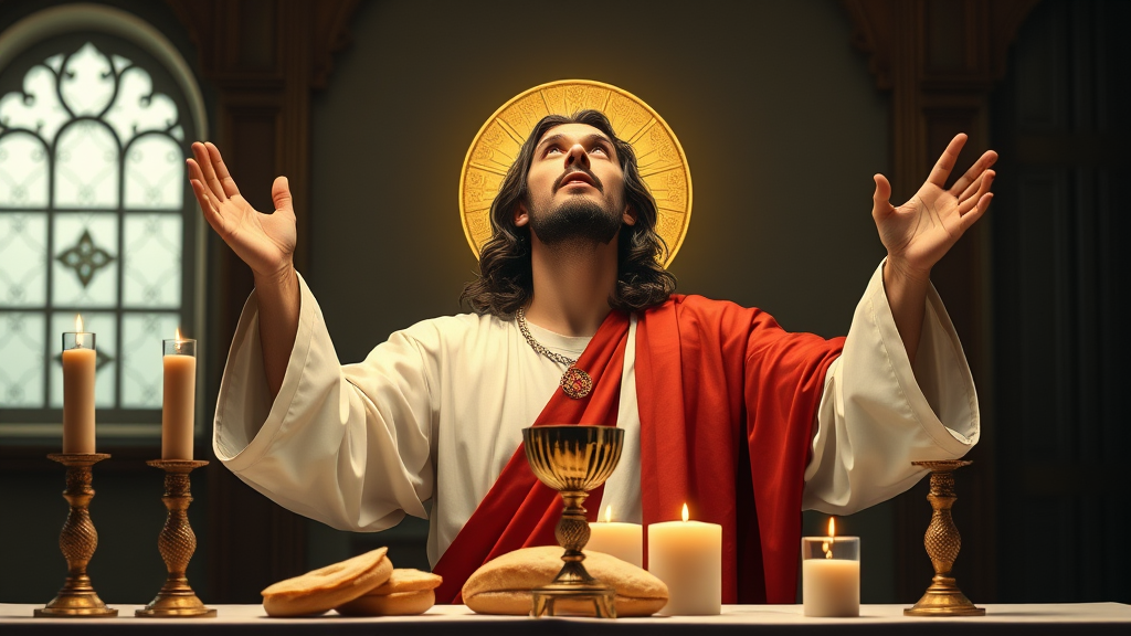 Jesus Celebrating Holy Qurbana with Bread and Wine