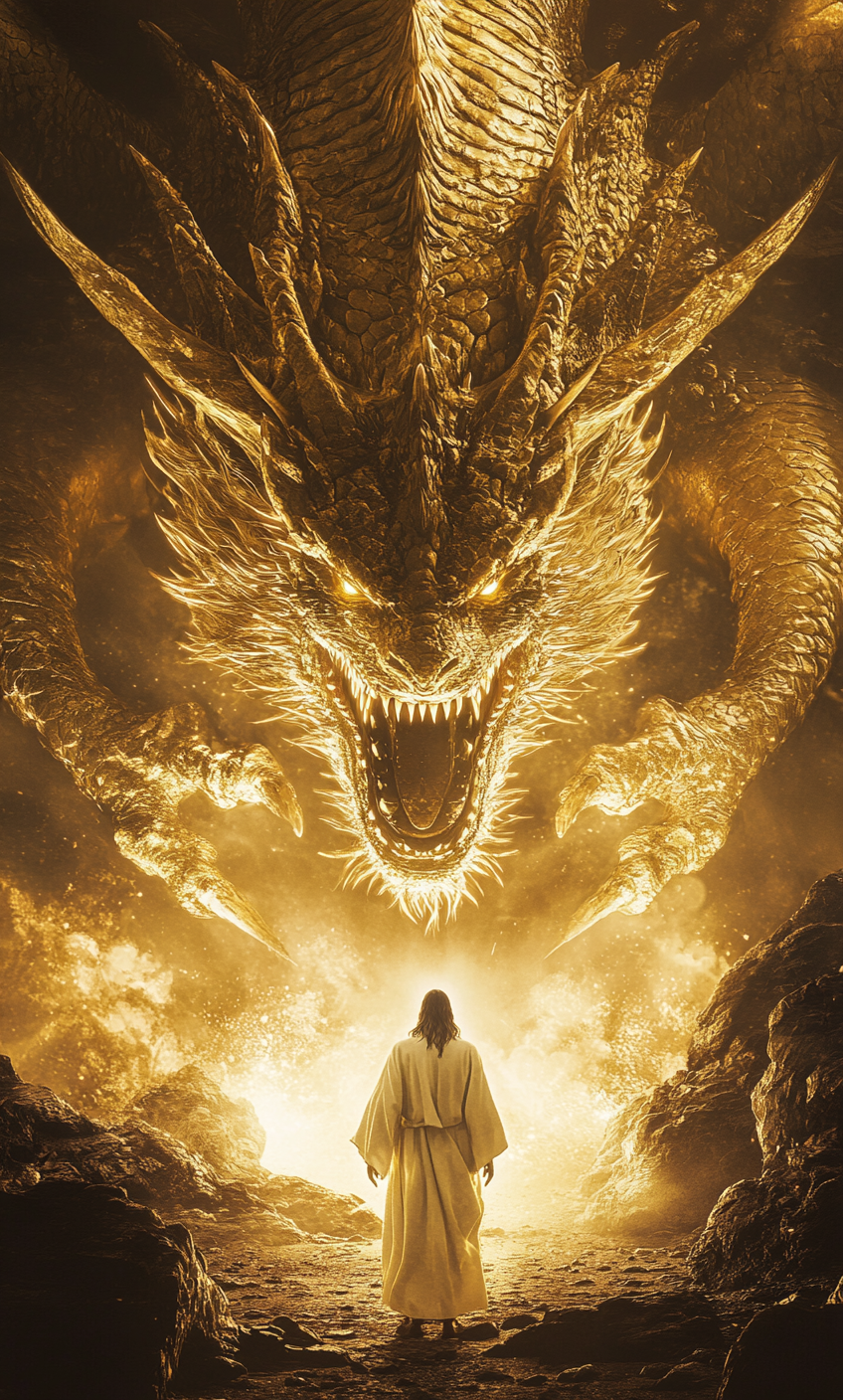 Jesus Christ standing bravely against roaring dragon