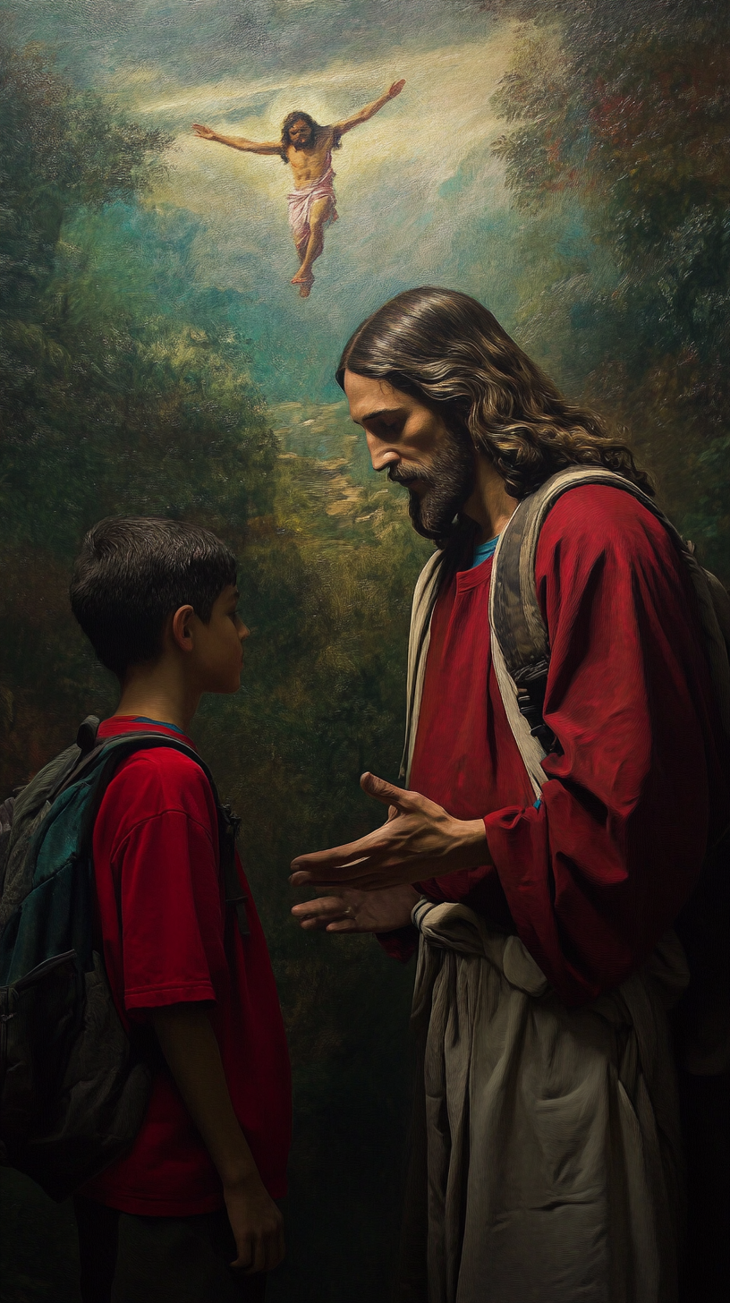 Jesus Christ watches Latin American boy return home.