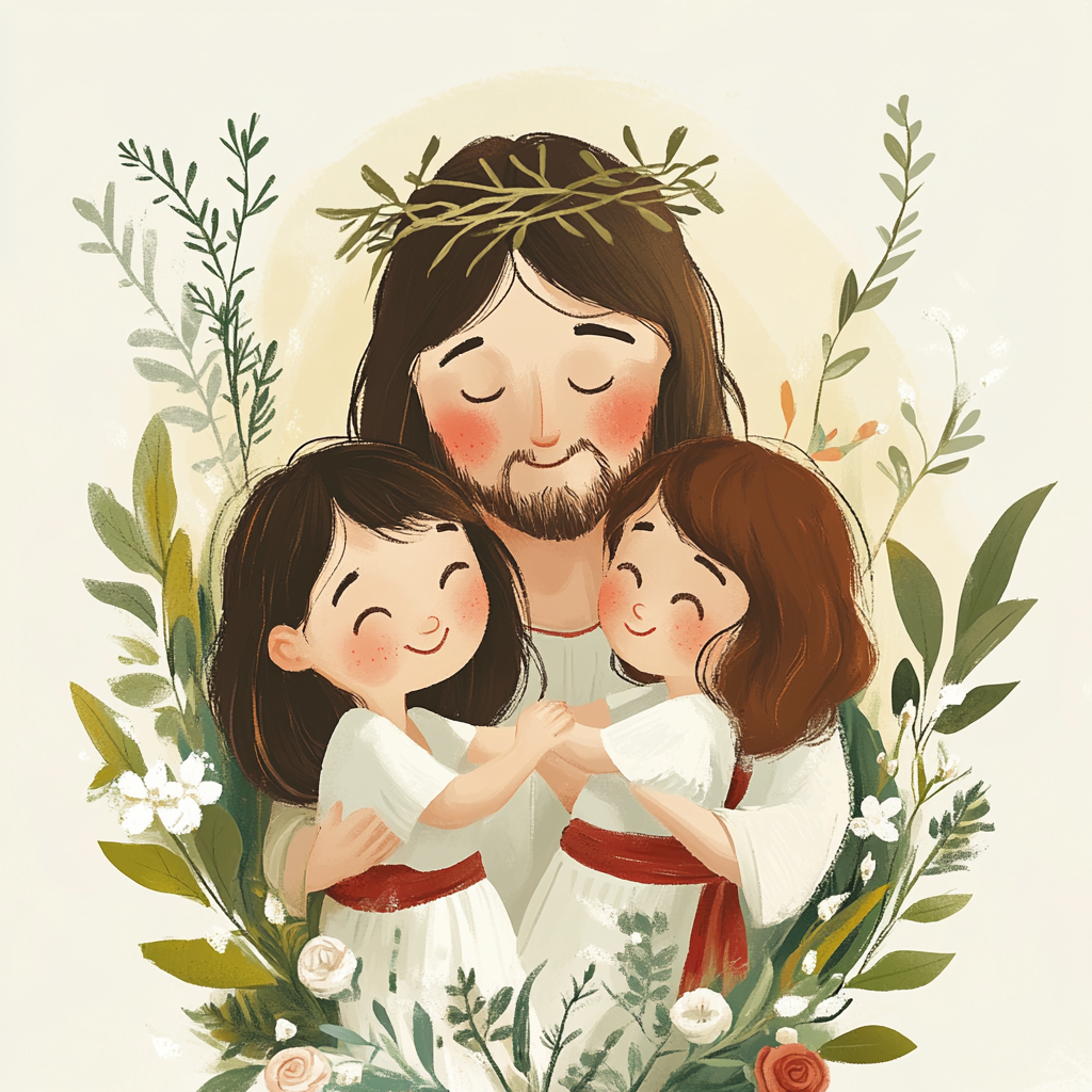 Jesus Holding Children in Floral Surrounding