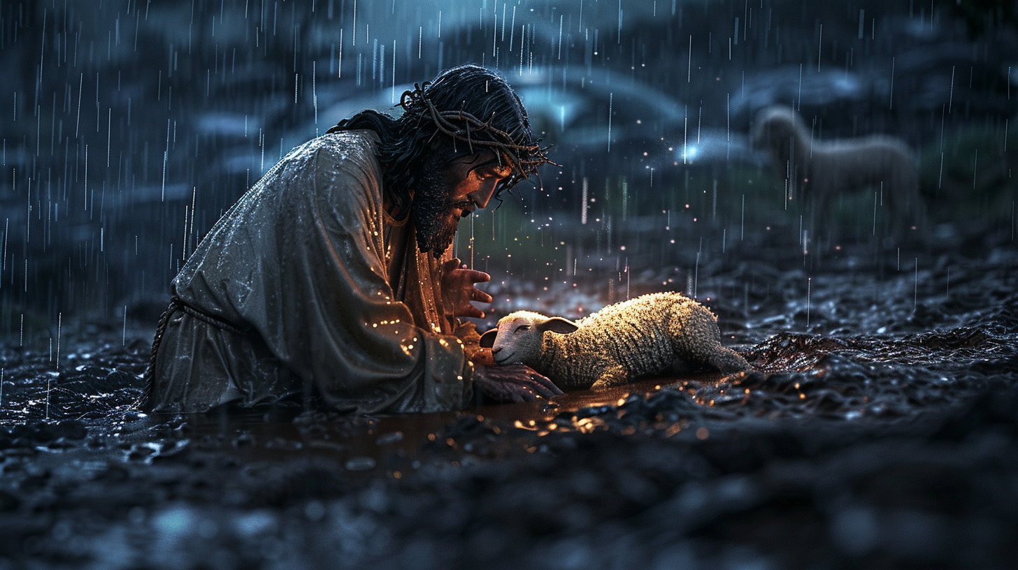 Jesus Saves Lost Lamb in Mud Storm, Detailed Art