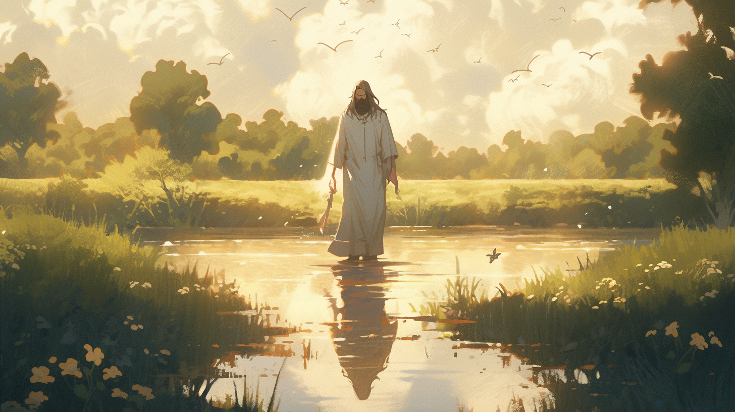 Jesus standing by water on sunny grass field.