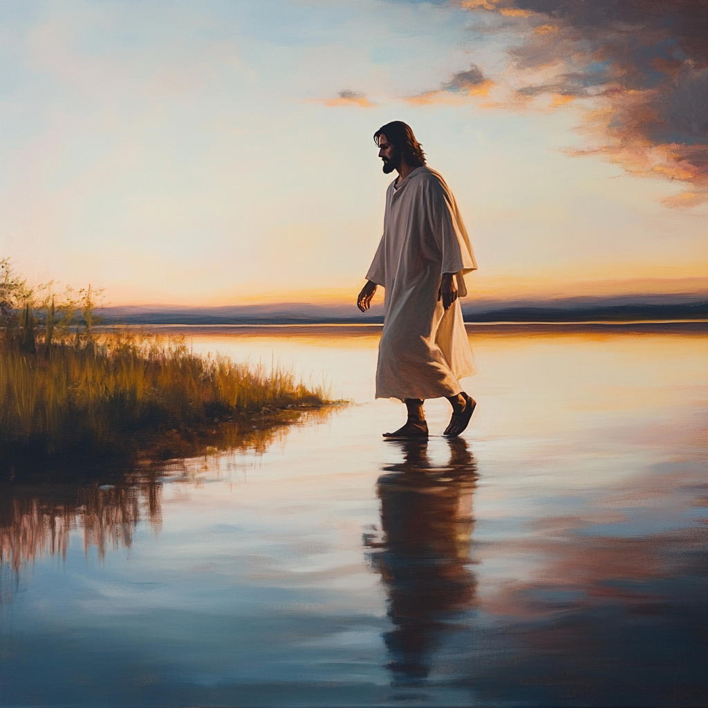 Jesus walking on shore at sunrise, serene and calm.