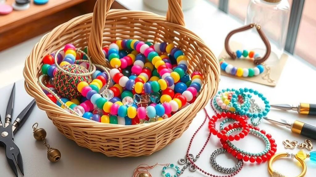 Jewelry Making Basket with Colorful Beads and Tools