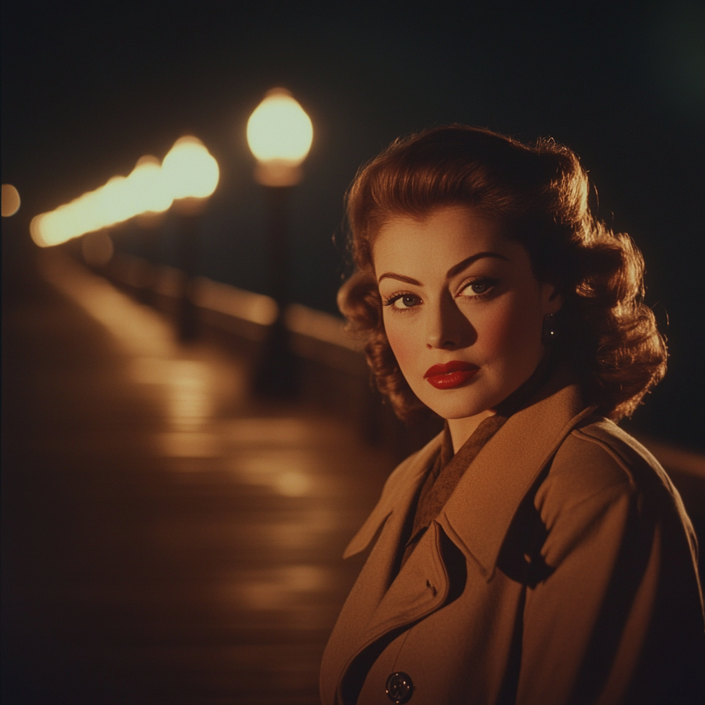 Joan Crawford in a trench coat at pier at night