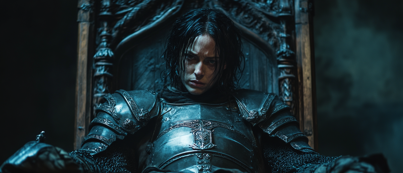 Johnwick in Medieval Armor on Throne Looking Down