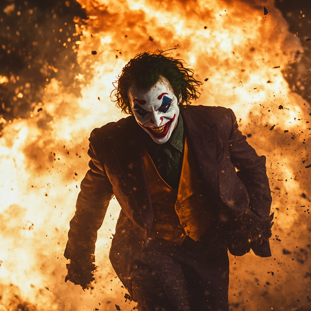 Joker holds grenade in explosive action scene.