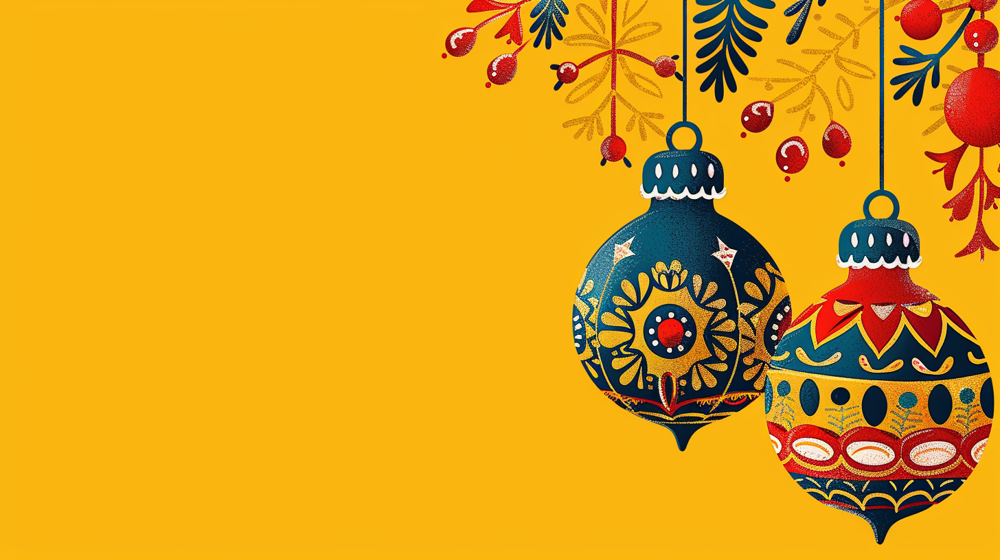 Joyful Christmas ornaments on vibrant yellow background.