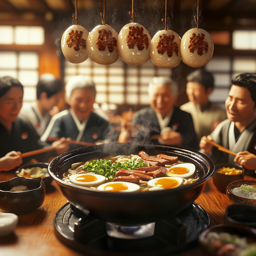 Joyful Gathering Over Ramen in Traditional Japanese Kitchen