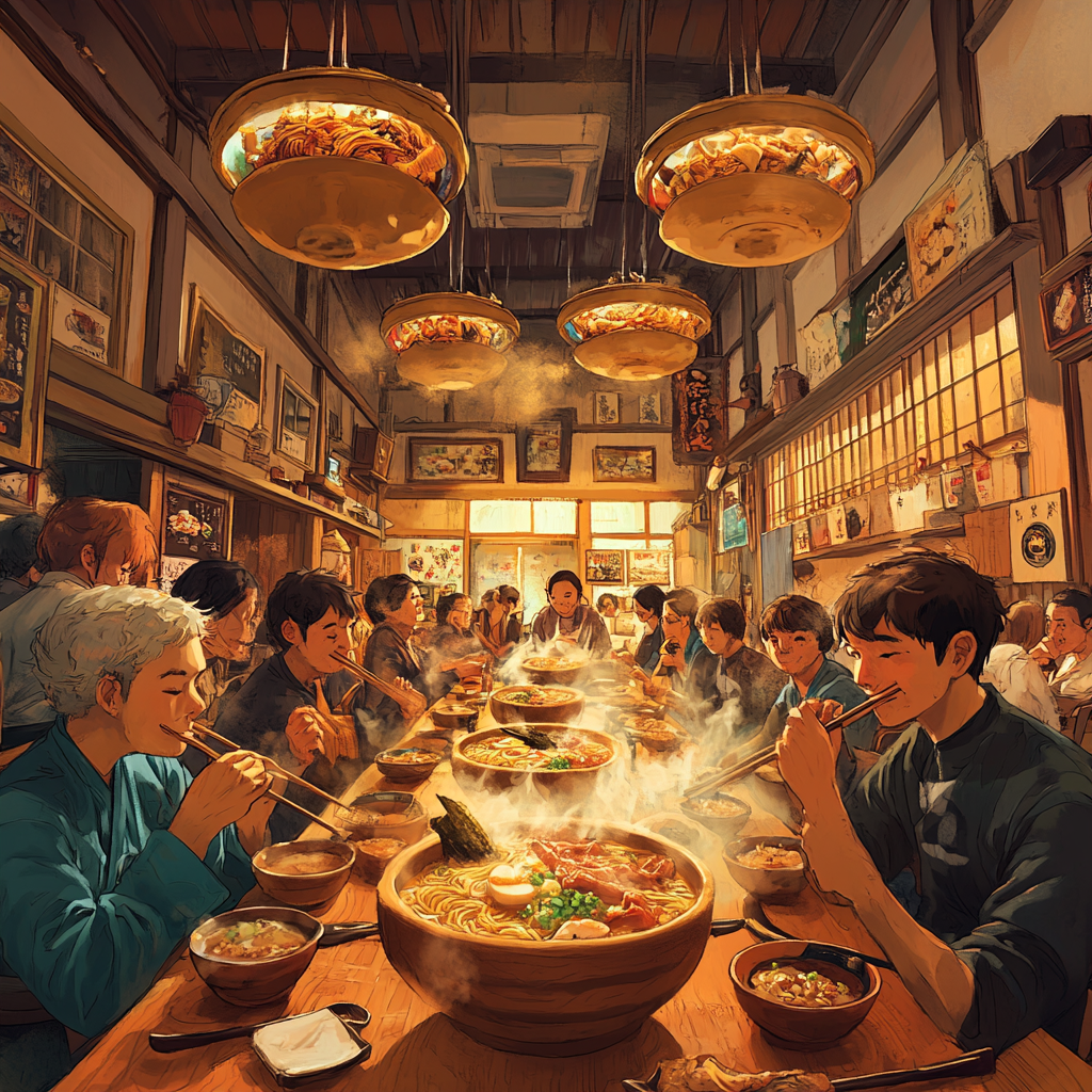 Joyful Gathering in Traditional Japanese Ramen Kitchen