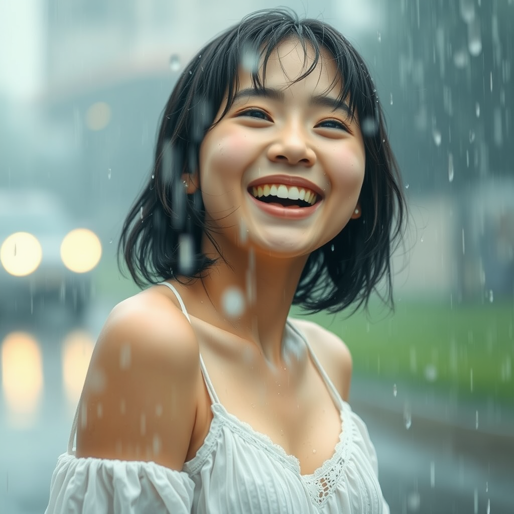 Joyful Girl Laughing in Rainy Atmosphere