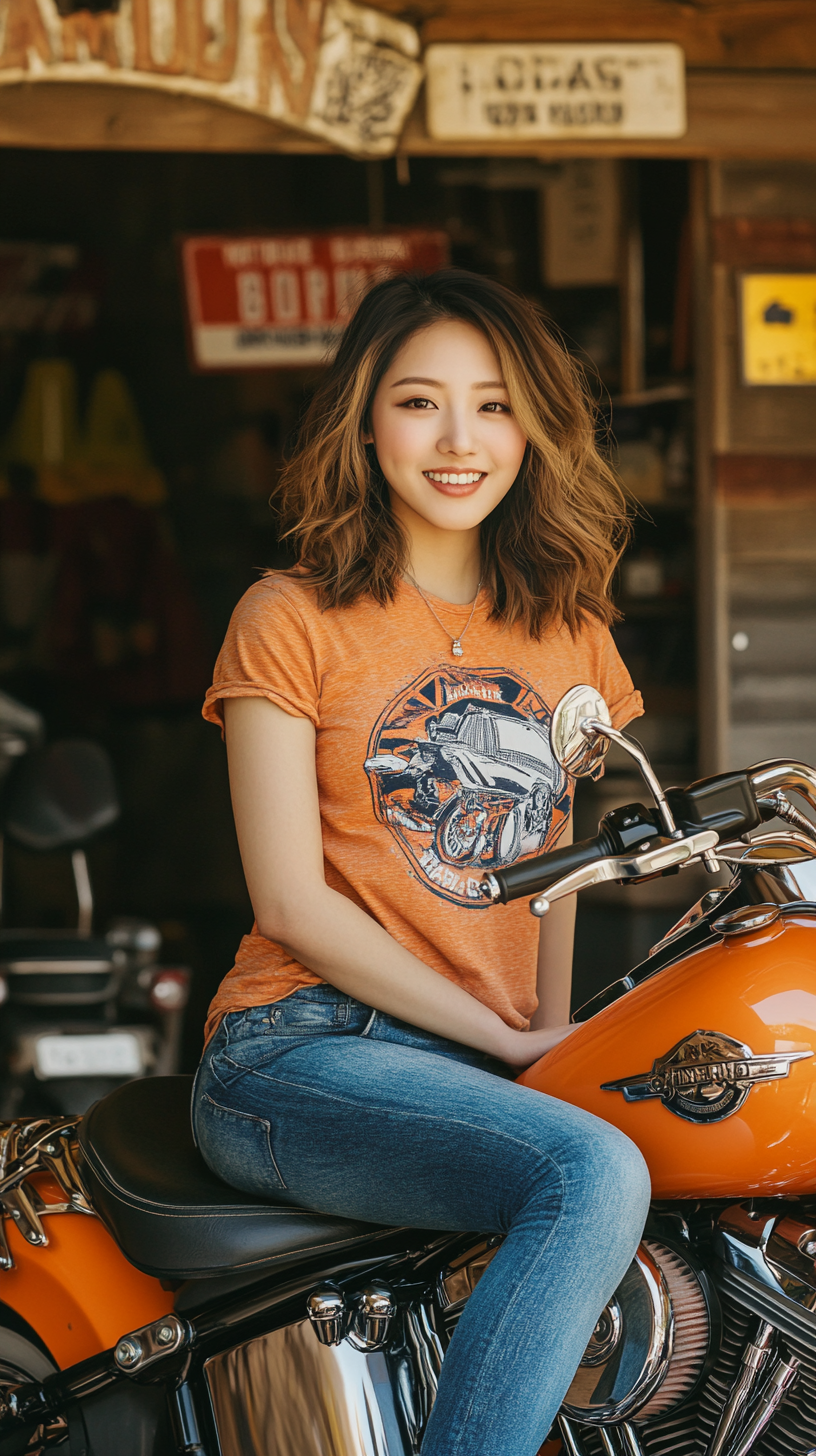 Joyful Japanese woman on Harley in vintage garage