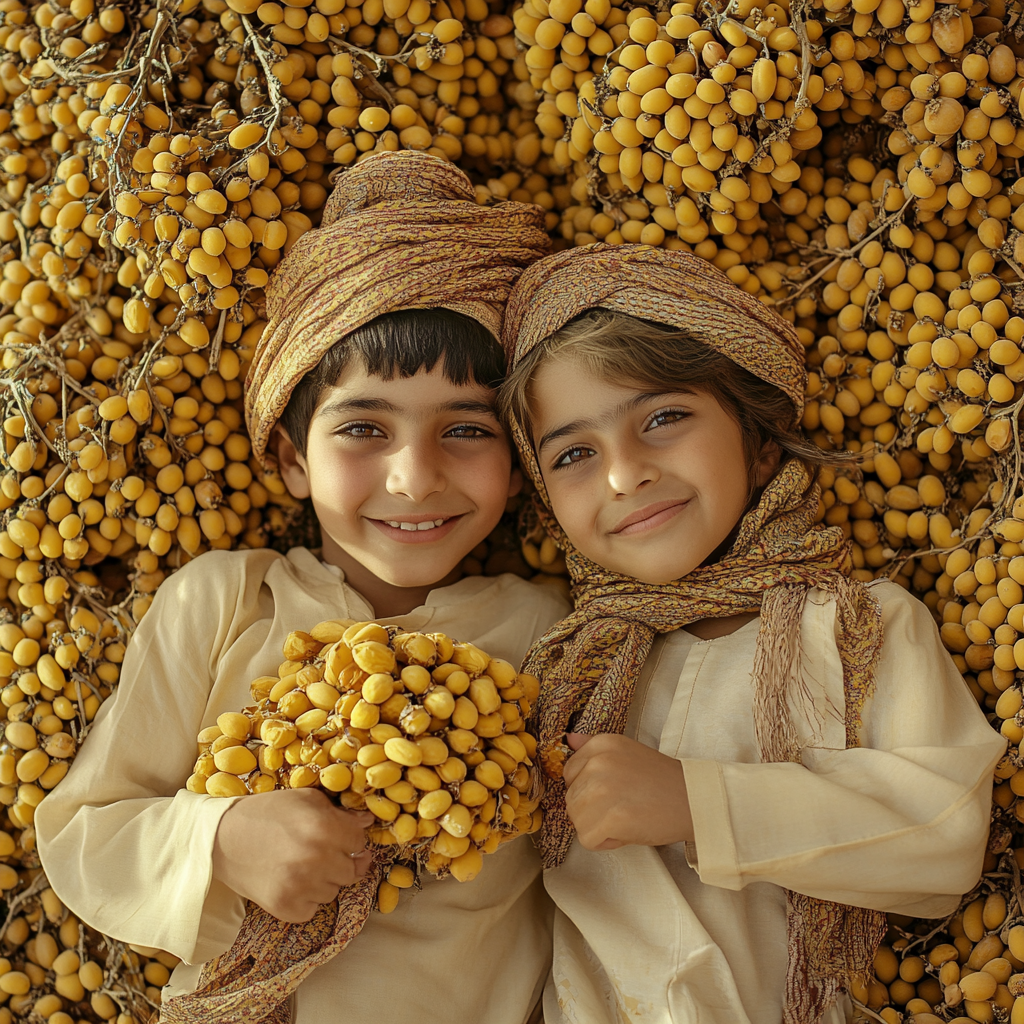 Joyful Omani children surrounded by ripe dates.