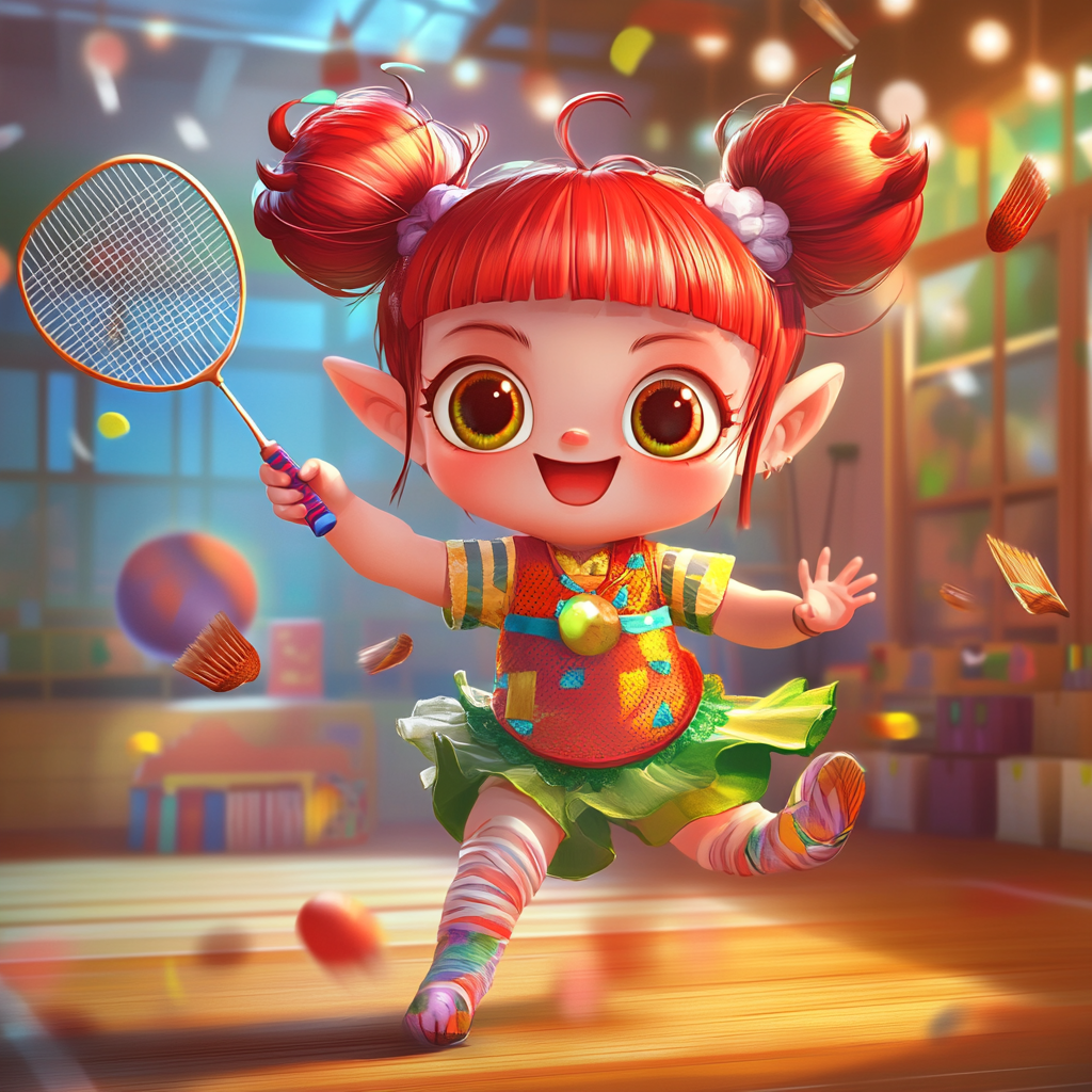 Joyful Oni Girl Playing Badminton Indoors