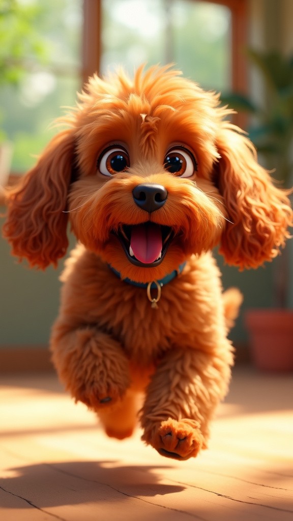 Joyful Red Cavapoo Leaping in Animated Pixar Scene