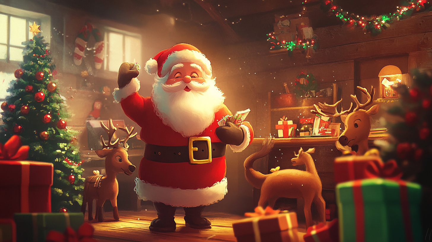 Joyful Santa's Workshop with Reindeer Preparing Christmas Presents.