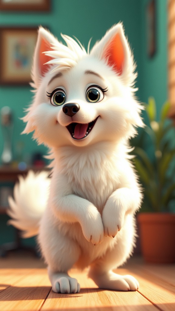 Joyful white American Eskimo dog in Pixar style.