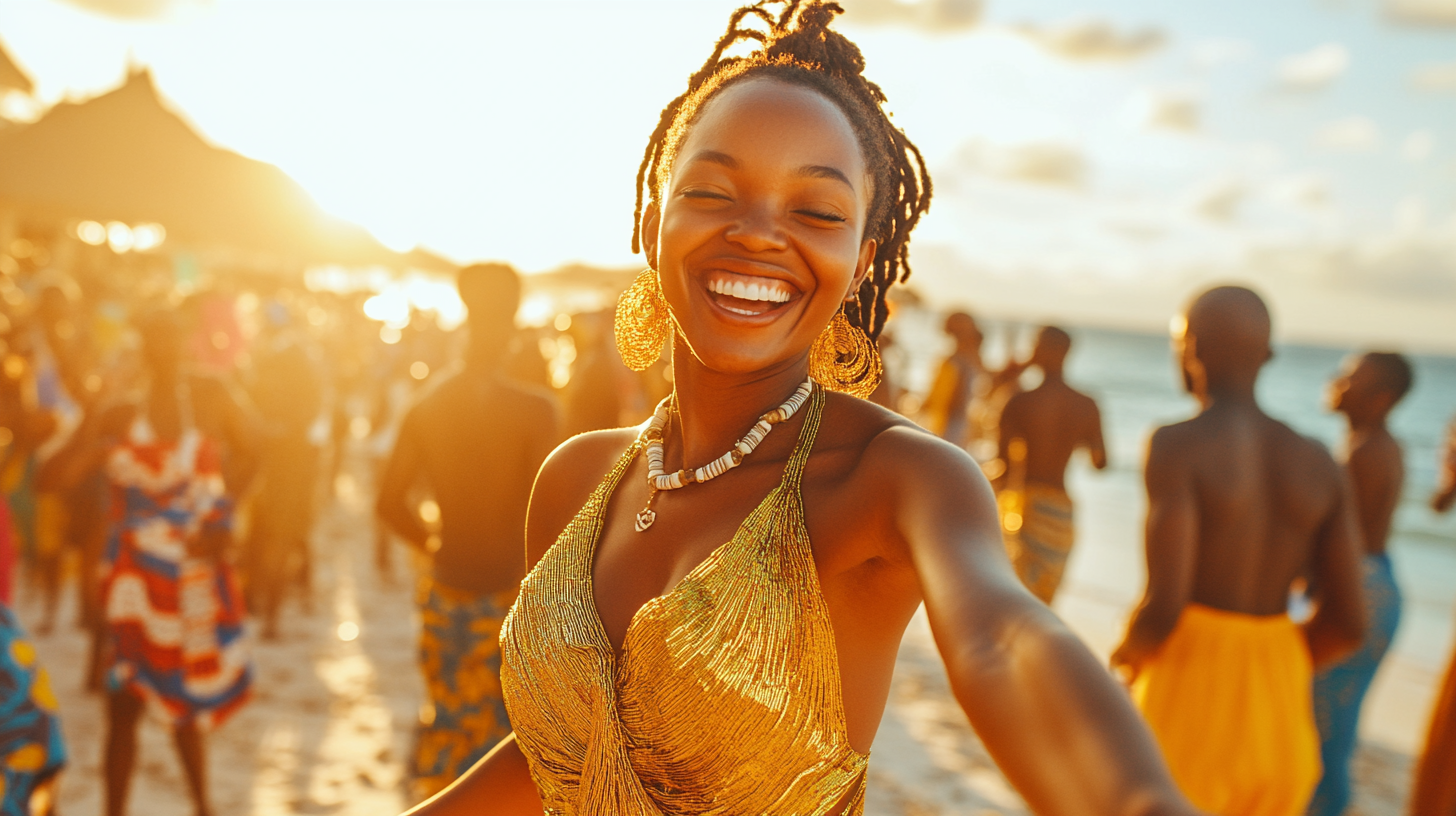 Joyful woman dances at African music festival