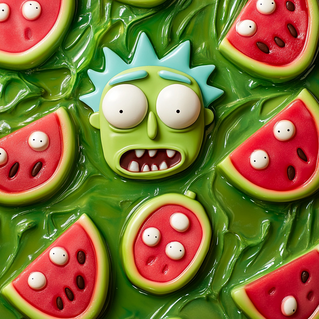 Juicy watermelon backdrop with Morty-shaped candies