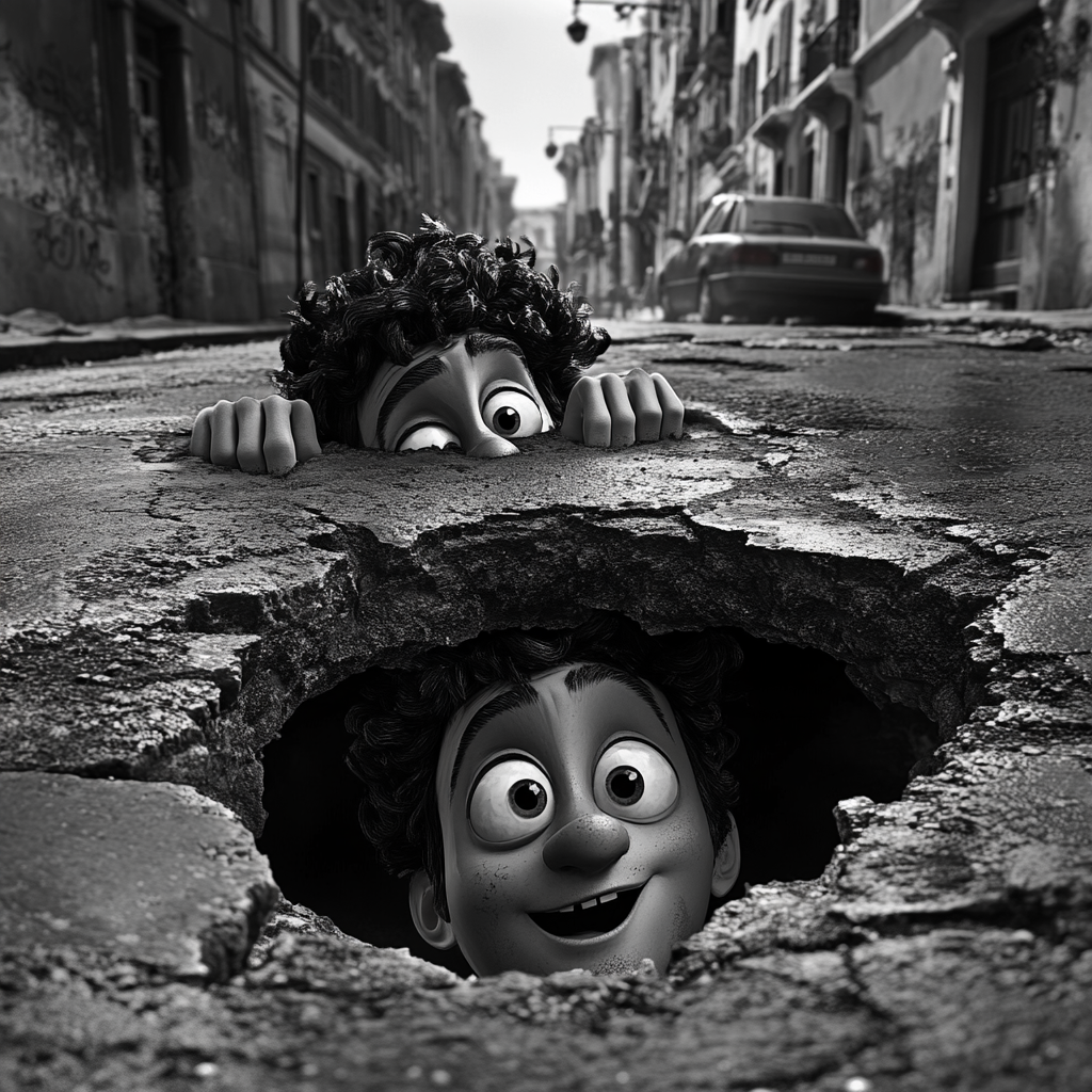 Julius Caesar in Pothole in Modern Rome, Black/White