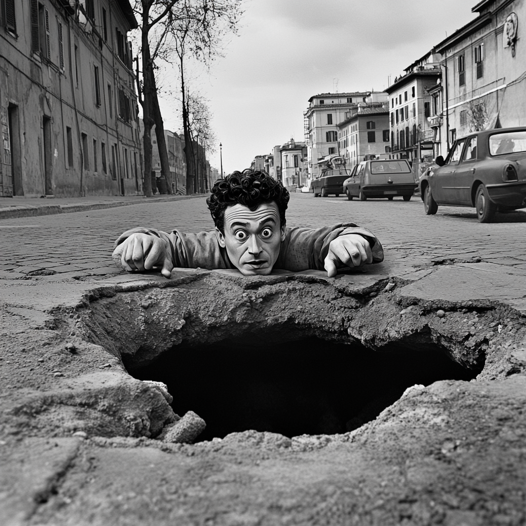 Julius Caesar in Pothole on Rome Street