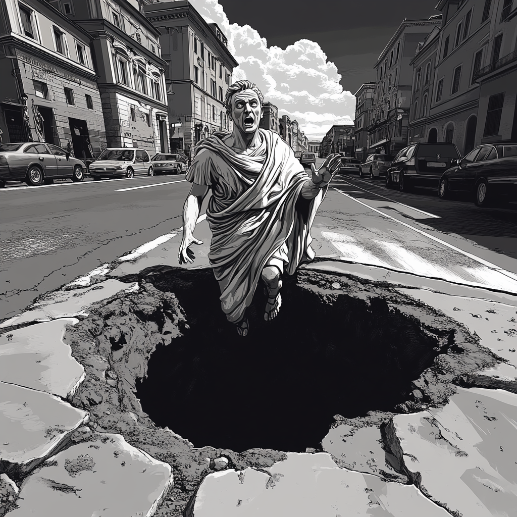 Julius Caesar in toga in pothole in Rome