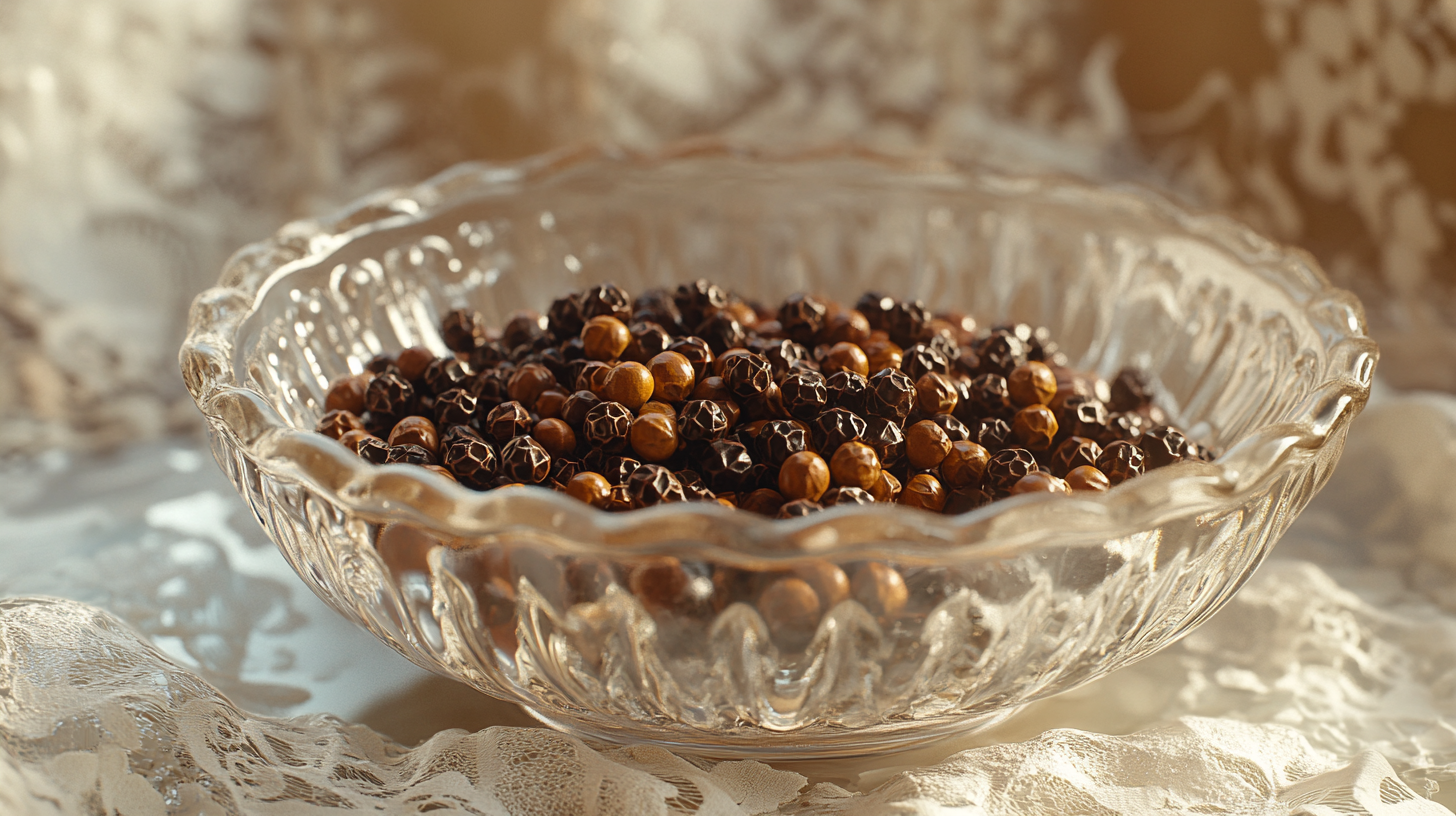 Kampot Peppercorns Floating in Sunlit Water Bowl