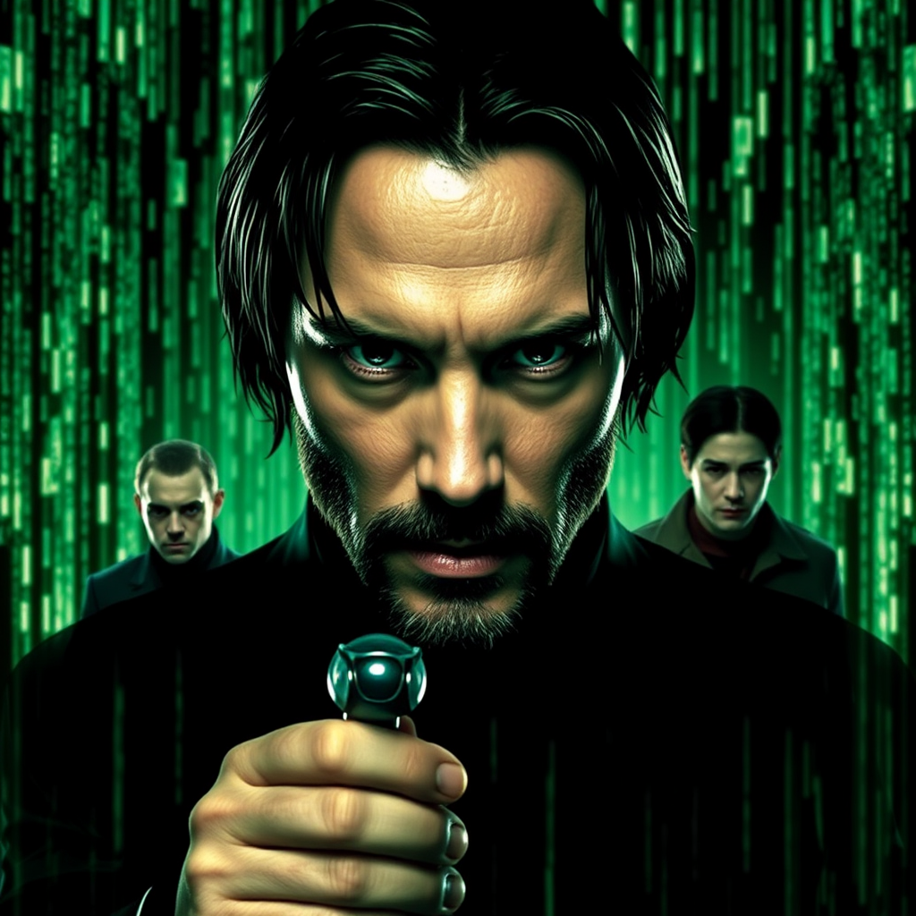 Keanu Reeves in movie with characters, Trinity and Morpheus.