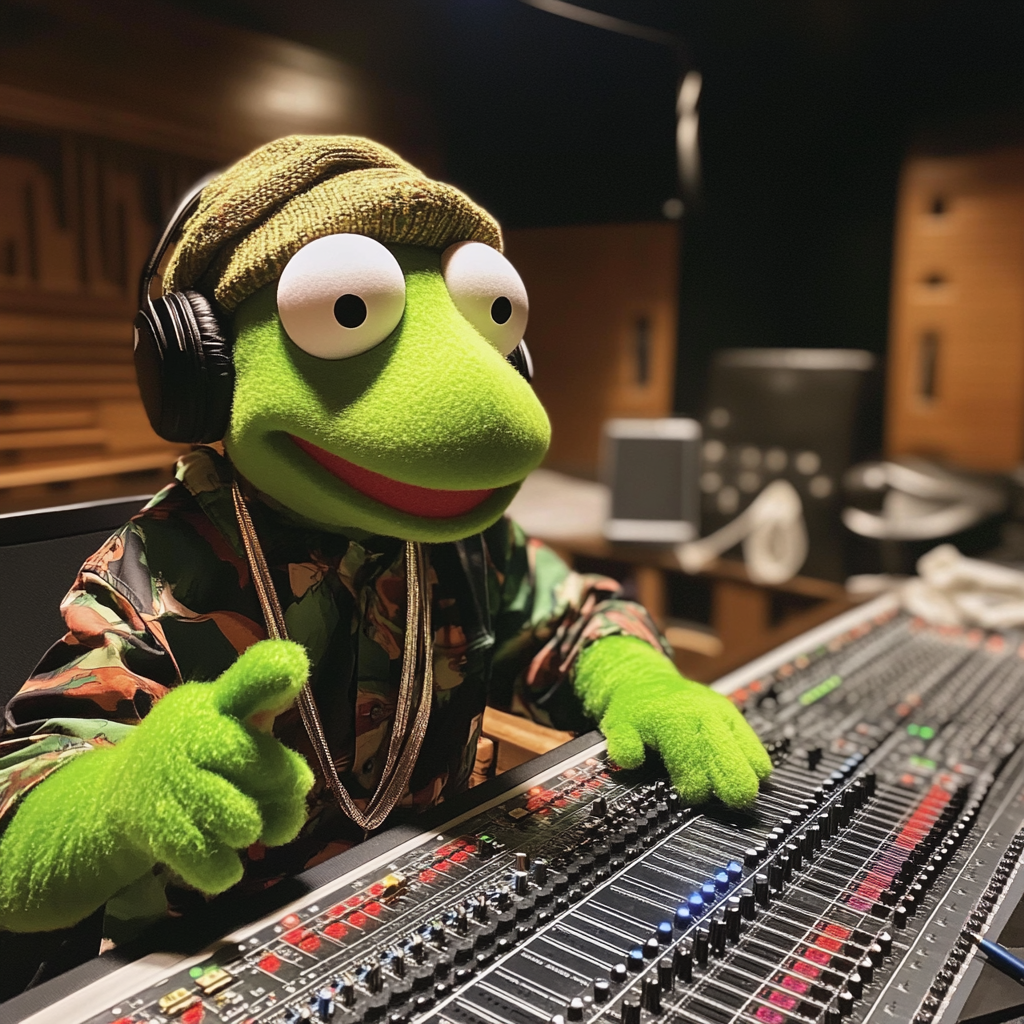 Kermit at the rap studio as producer vibes.