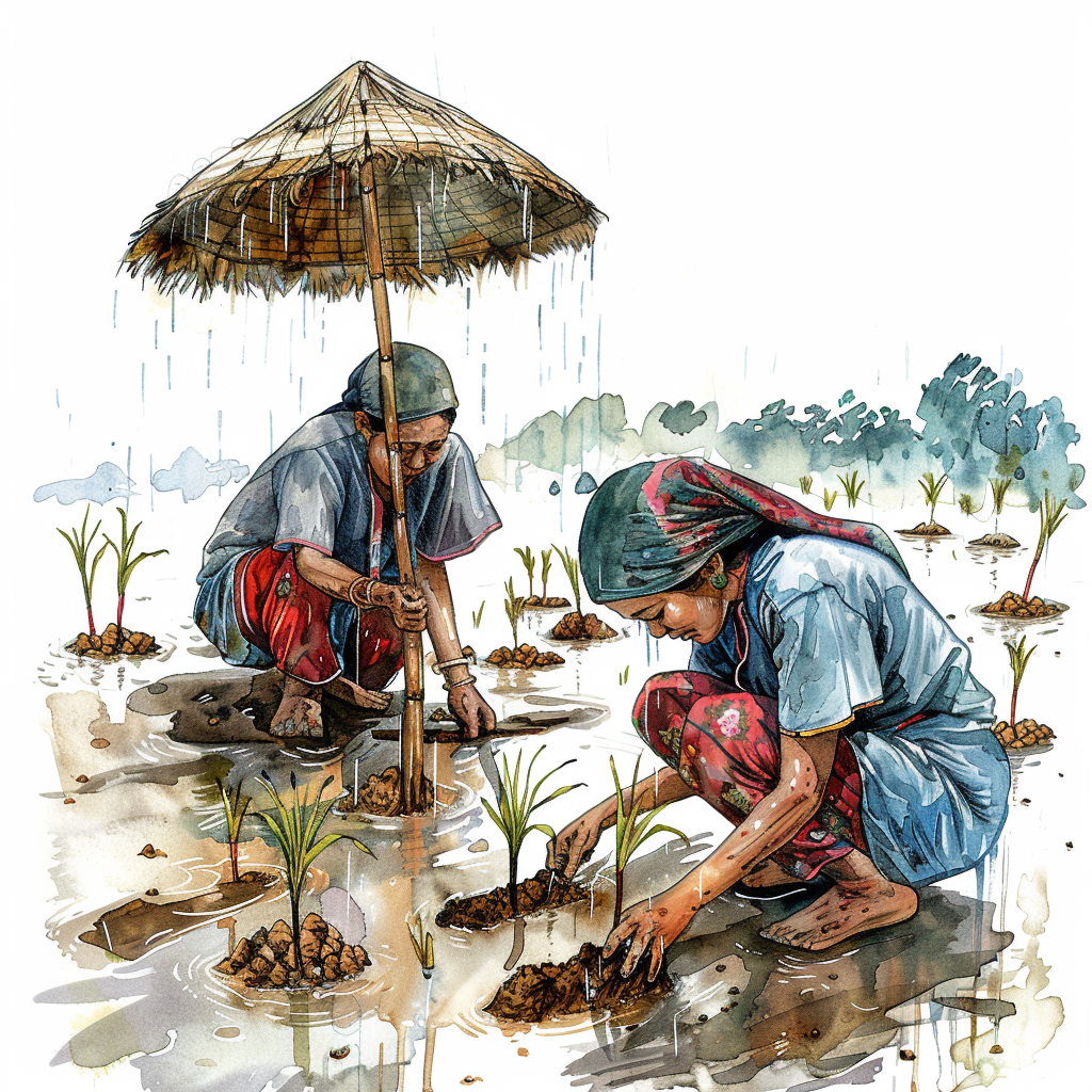 Khasi farmers planting paddy seedlings in rain