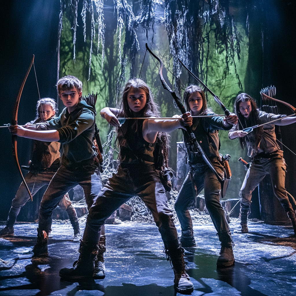 Kids and teens in futuristic Robin Hood play.