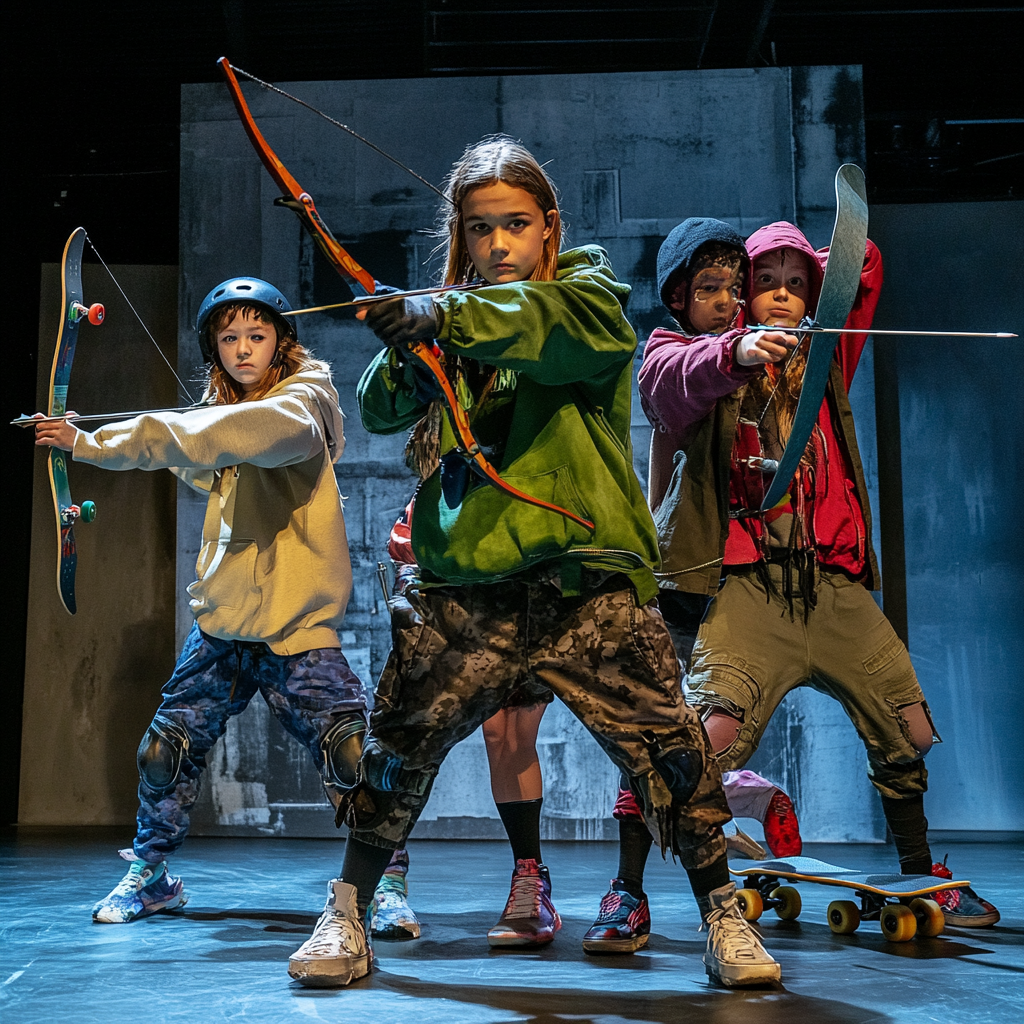 Kids and teens perform futuristic Robin Hood play.