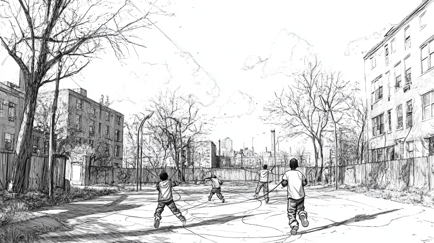 Storyboard Illustration of Kids playing in city backdrop