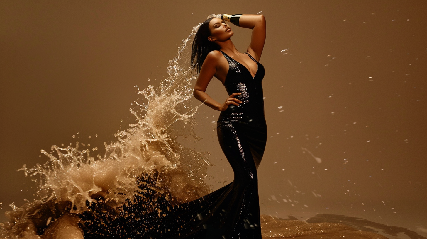 Kim Kardashian poses in glamorous black gown. High-energy.