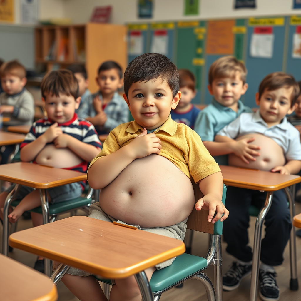 Kindergarten Boys Expanding Bellies in Classroom