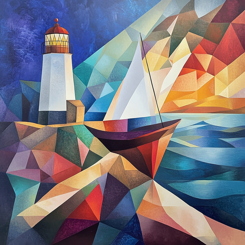 Kindred spirits and lighthouse in abstract acrylic painting.