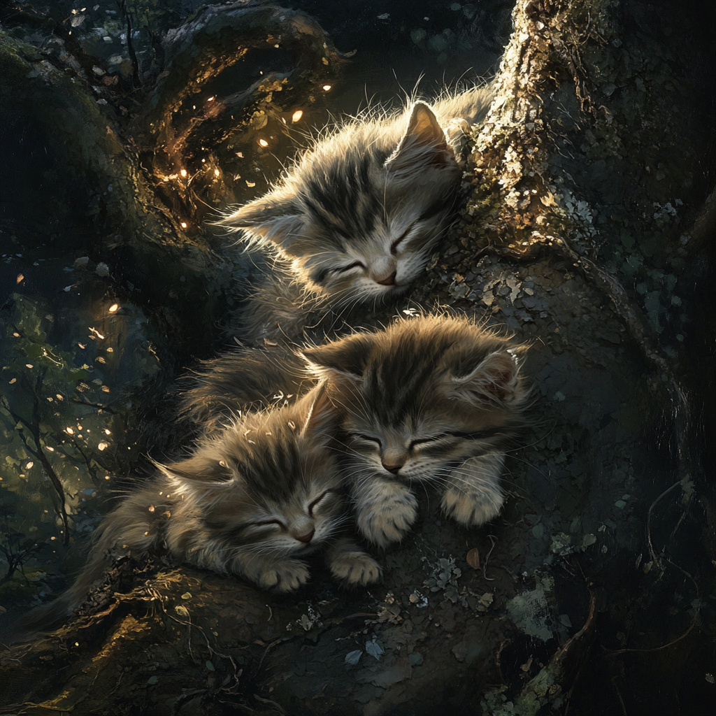 Kittens sharing crumbs under tree, dreaming of warmth