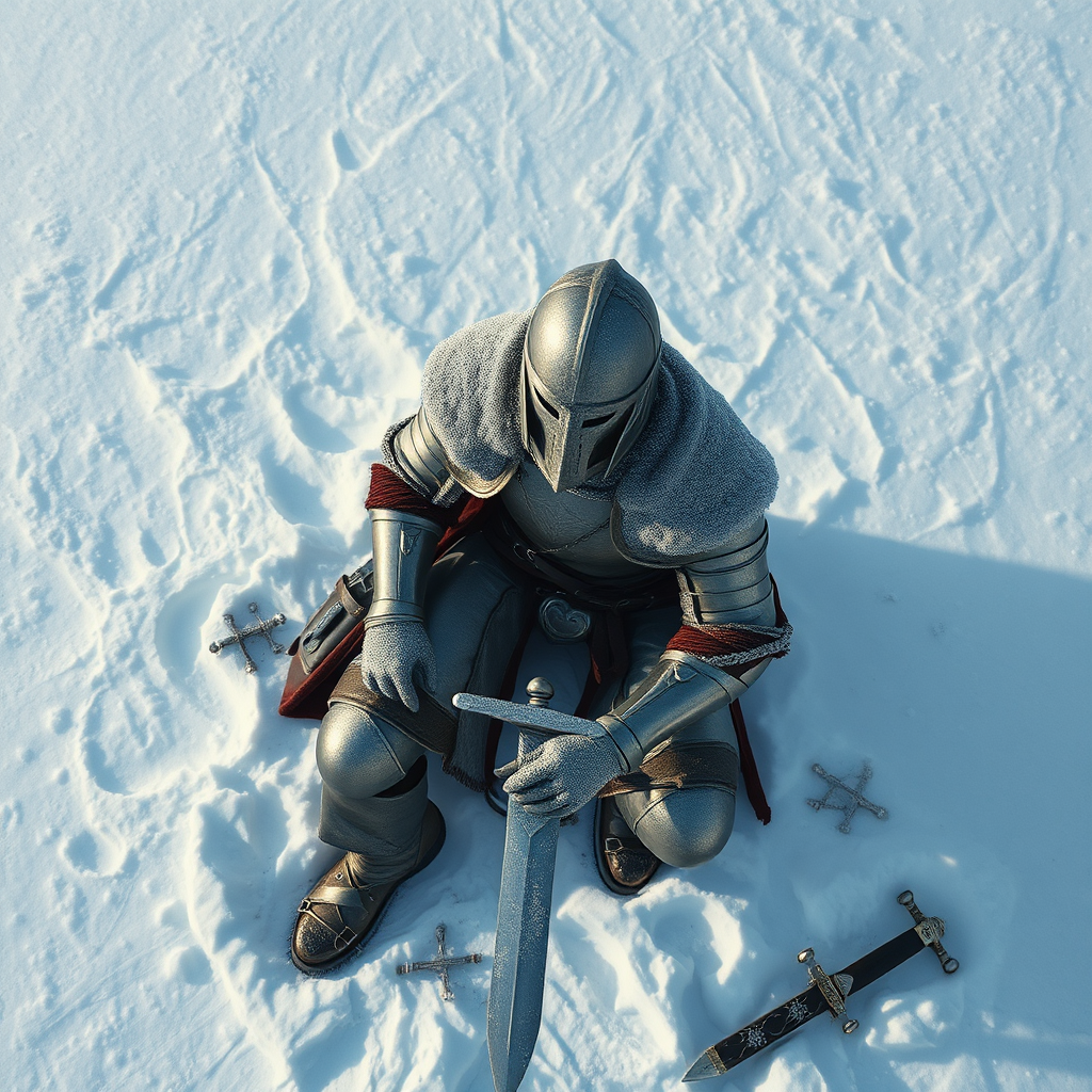 Knight Sharpening Sword in Snowy Tundra: 1970s Art