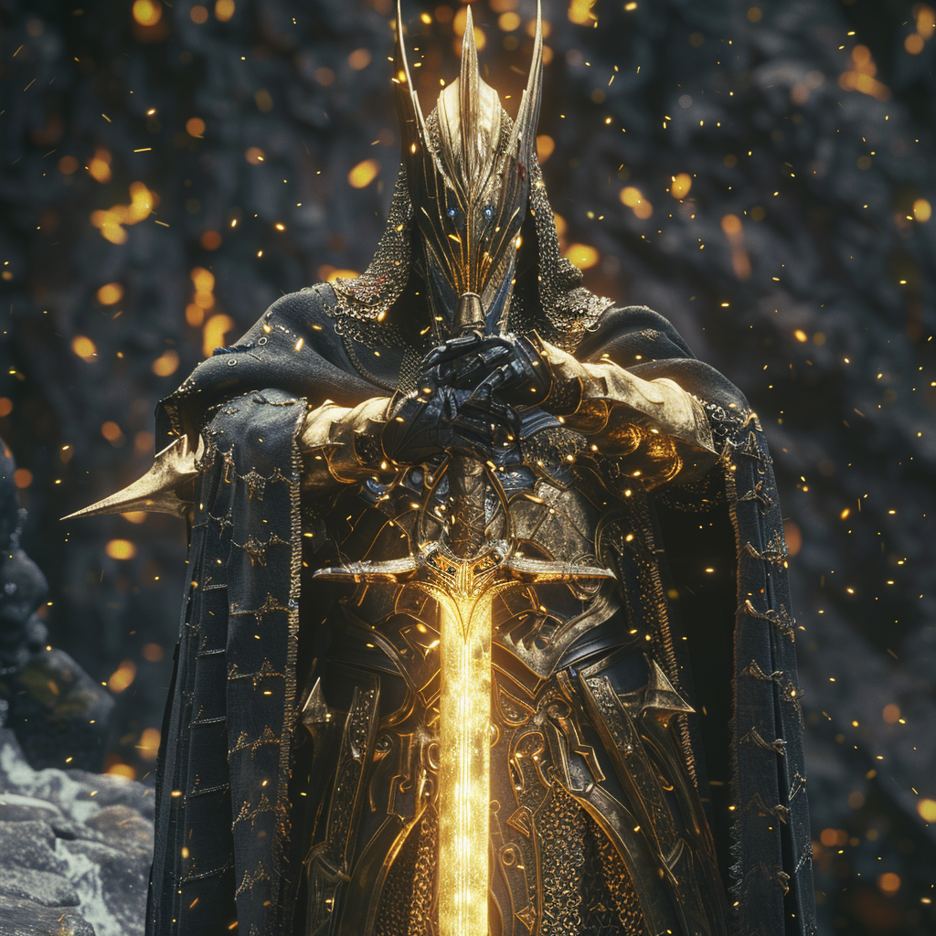 Knight in golden armor holding sword in rock